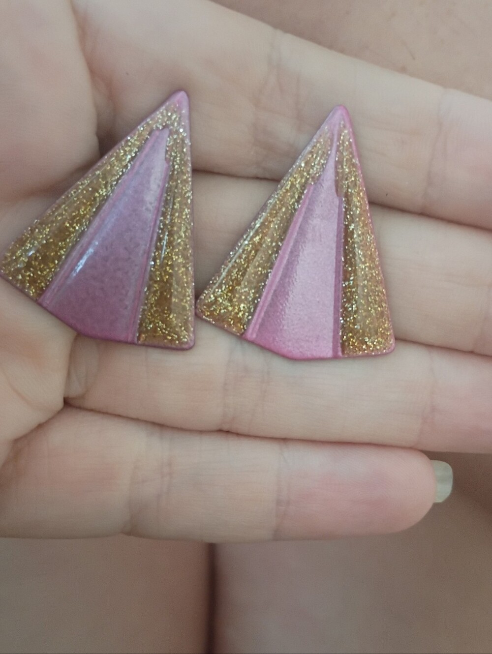 Purple and Gold Triangle Metal Stud Earrings - Women Jewelry